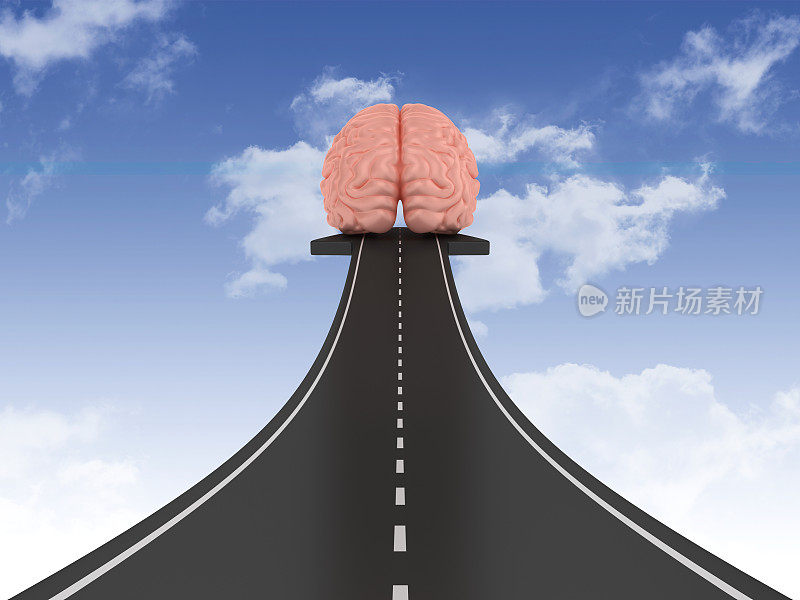 道路箭头与大脑在天空- 3D渲染